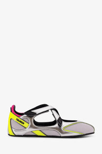 The attico women’s floor nylon ballerinas in silver feature neon yellow mesh panels with black accents and a sleek design