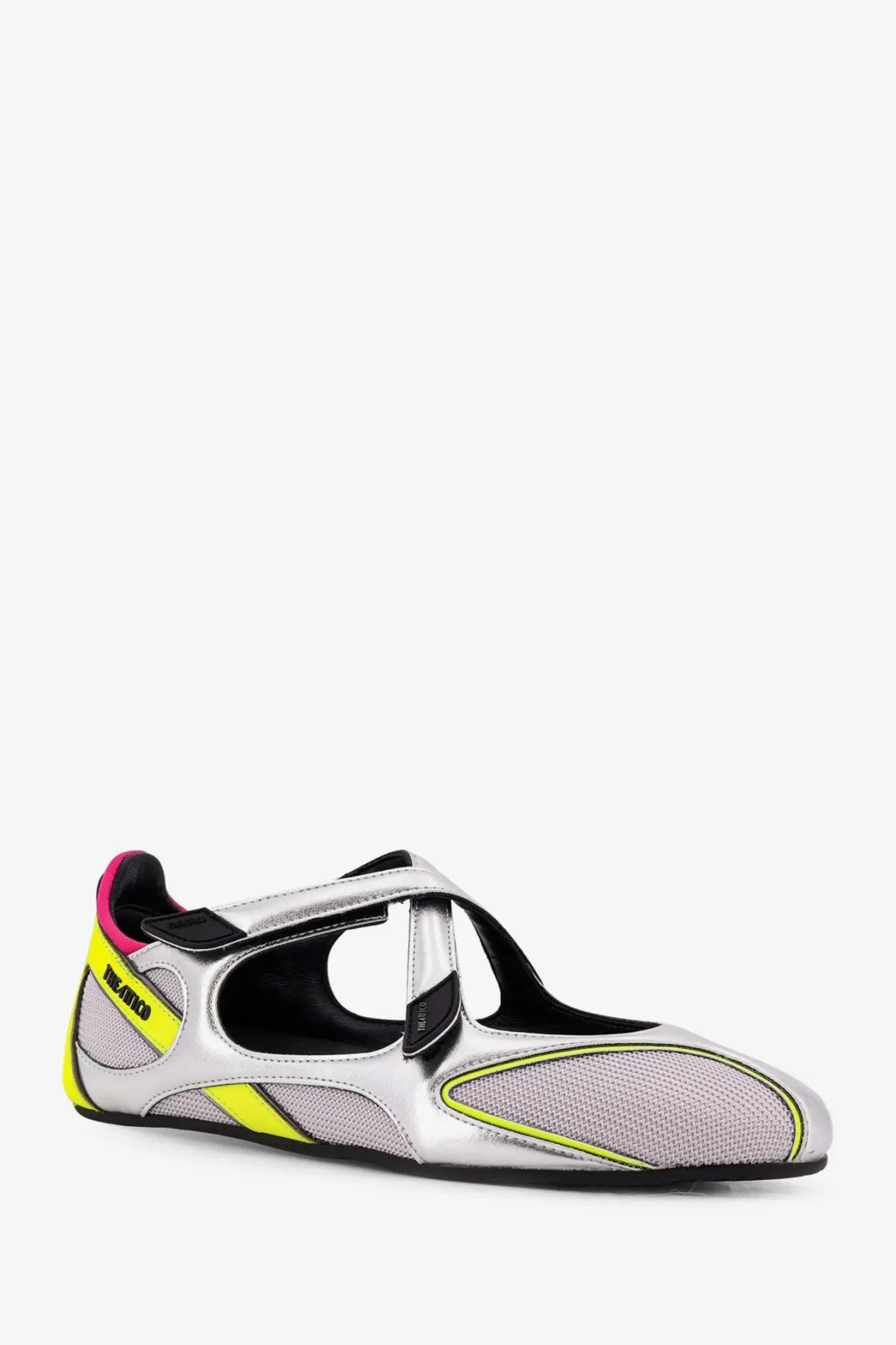 The Attico women’s floor nylon ballerinas silver with silver and neon yellow mesh mary jane style and black accents