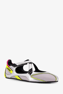 The Attico women’s floor nylon ballerinas silver with silver and neon yellow mesh mary jane style and black accents