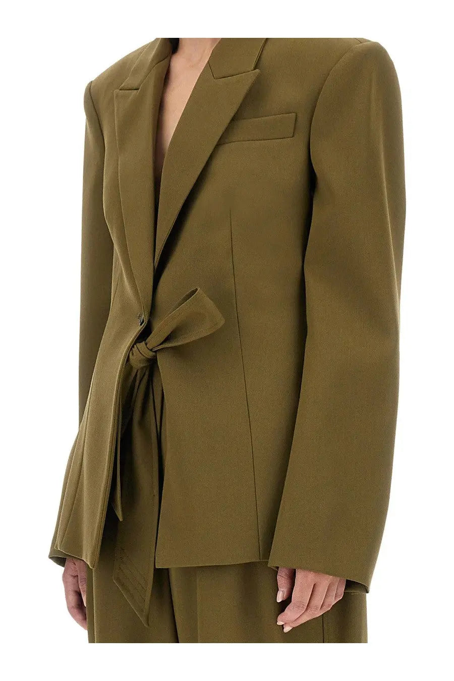 The Attico women’s gabardine olive green tailored blazer with a self-tie belt at the waist