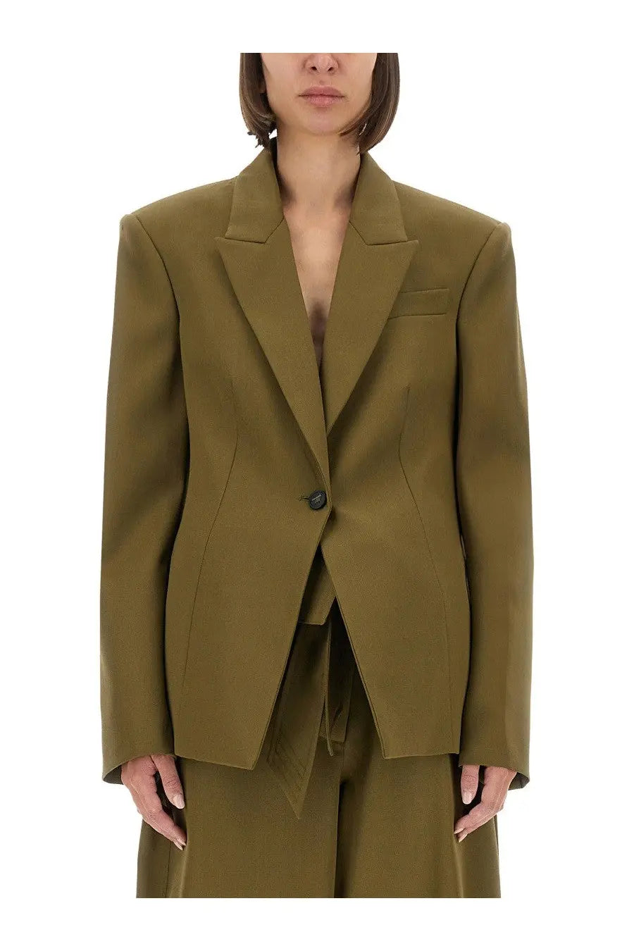 The attico women’s gabardine olive green tailored blazer with single button closure and structured lapels