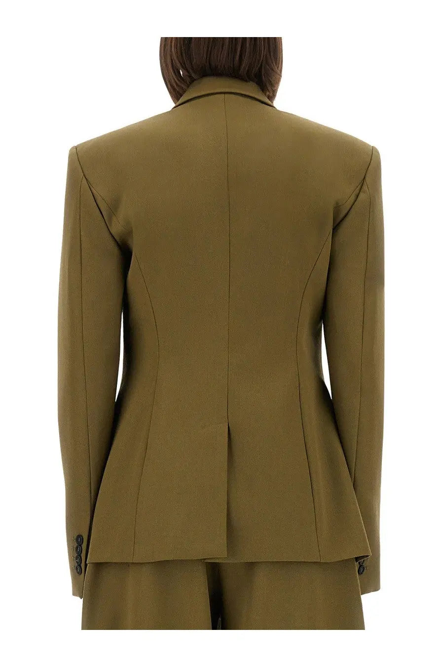 The Attico women’s gabardine olive green tailored blazer with structured shoulders and peplum hem
