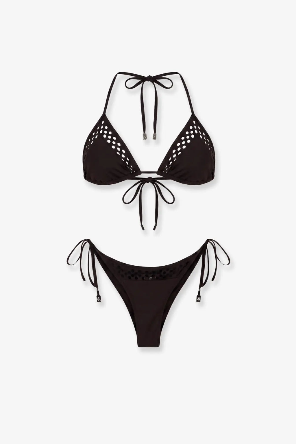 Black crochet triangle bikini set with adjustable ties and silver hardware by the attico in brown lycra