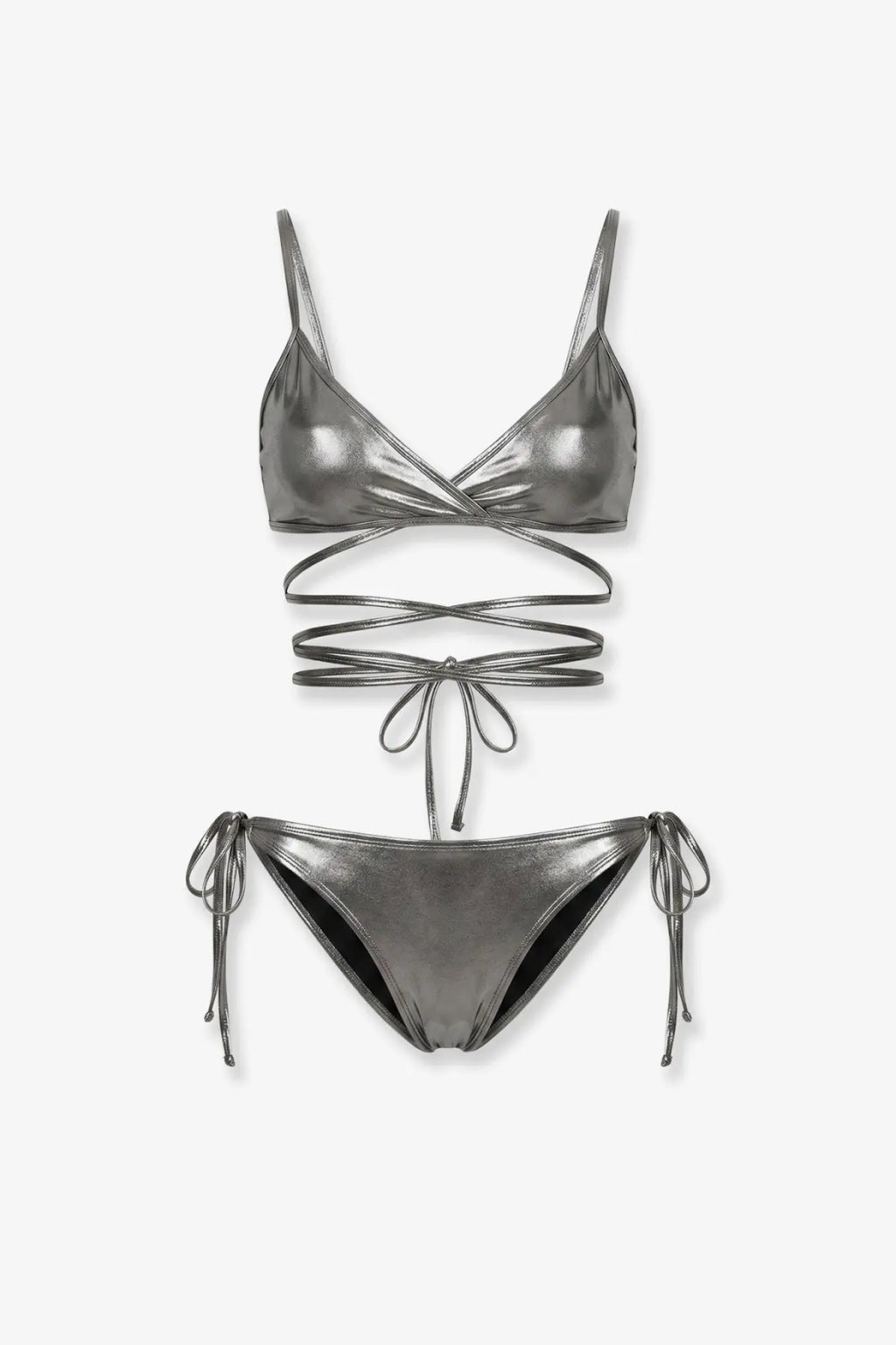 Shiny metallic silver two-piece lycra bikini set with crisscross straps and side ties by the attico