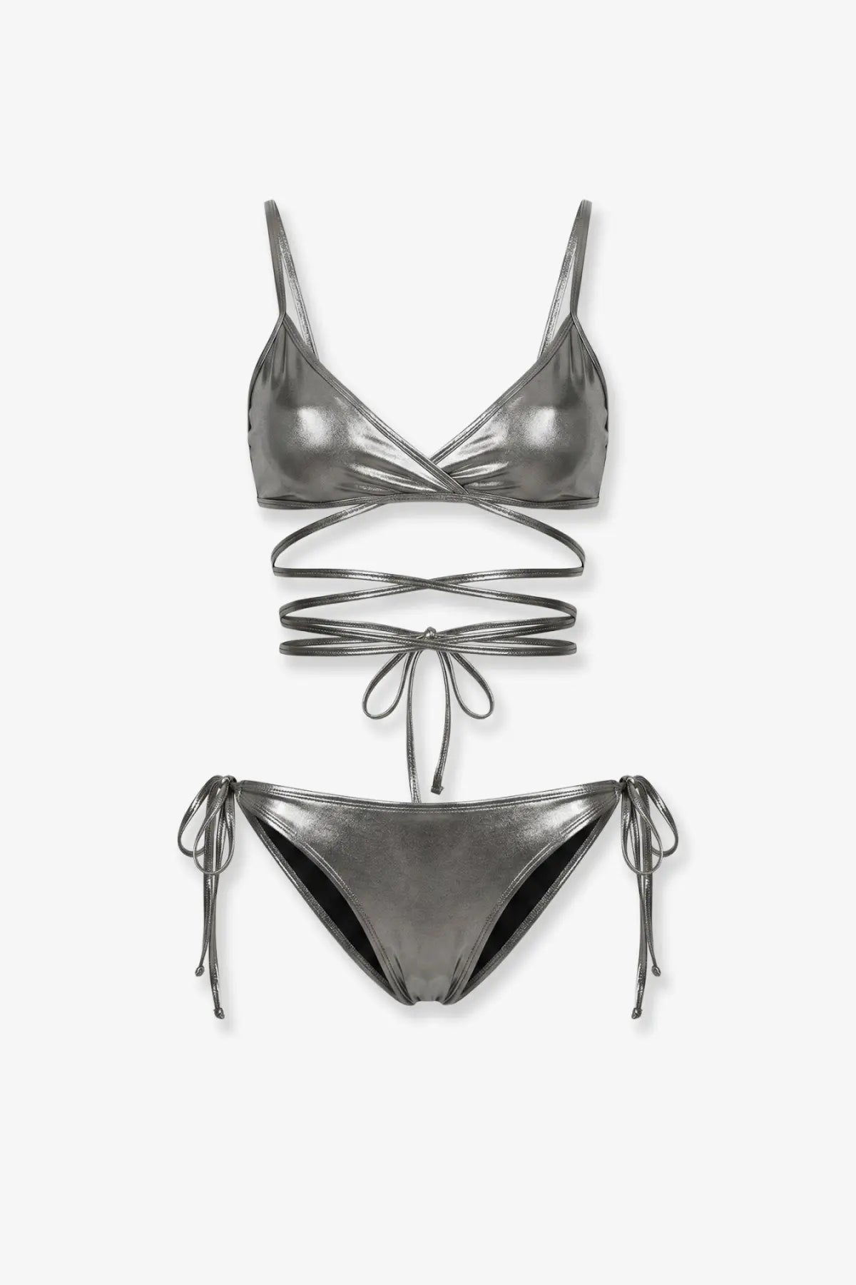Shiny metallic silver two-piece lycra bikini set with crisscross straps and side ties by the attico