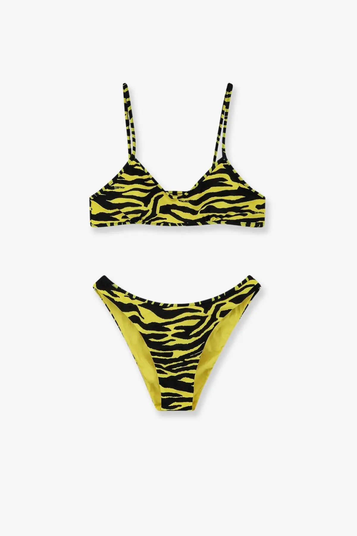 Bright yellow and black tiger-striped bikini set with thin straps from The Attico Il Primo Bagno lycra swimsuit