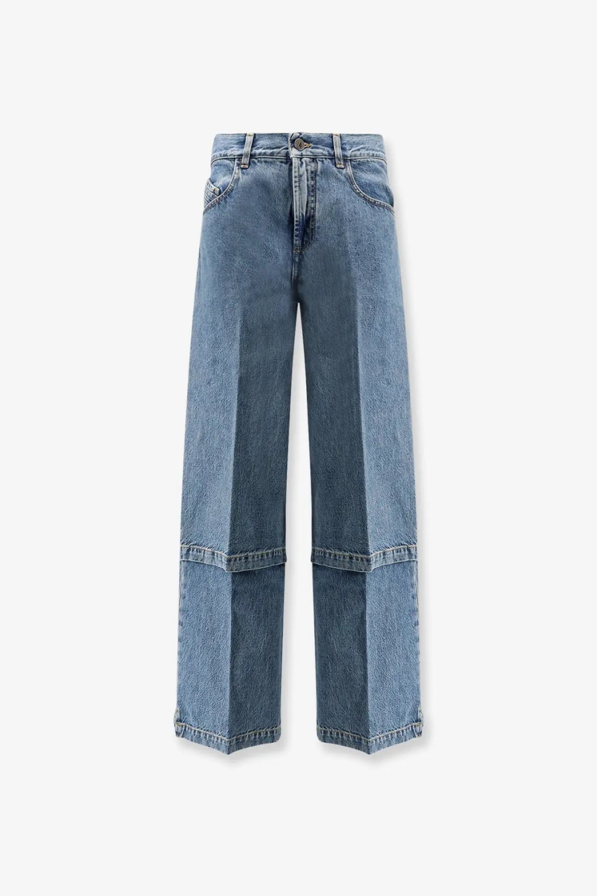 The Attico women’s jeans in blue feature light-wash denim wide-leg style with a high-rise waist and layered boxy cuffs