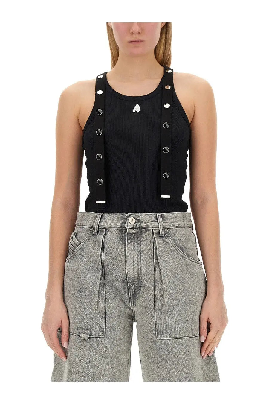 The attico women’s black jersey tank top features ribbed fabric and silver-toned button details along the straps