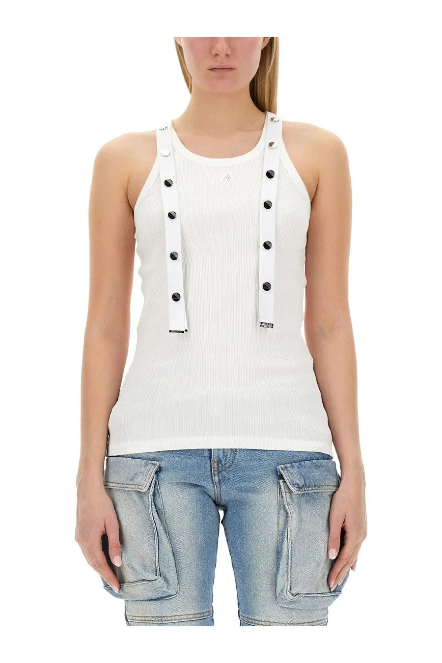 The attico women’s white jersey tank top features a ribbed texture with black button accents on the straps