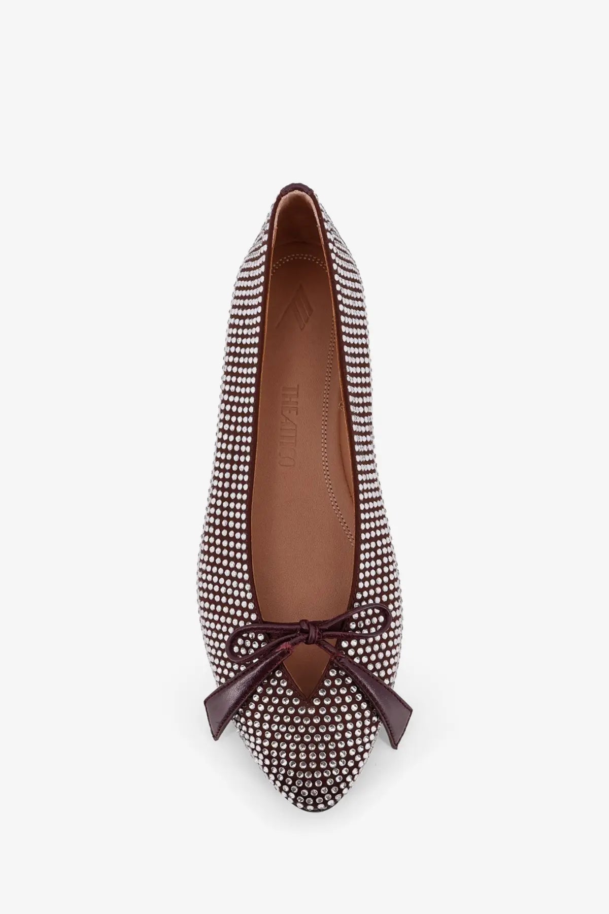 The attico women’s kali satin ballerinas in brown feature dark brown satin flats with silver studs and a matching bow