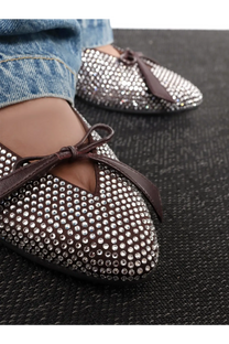 The Attico women’s Kali satin ballerinas brown leather flats with silver rhinestones and matching bow at the toe