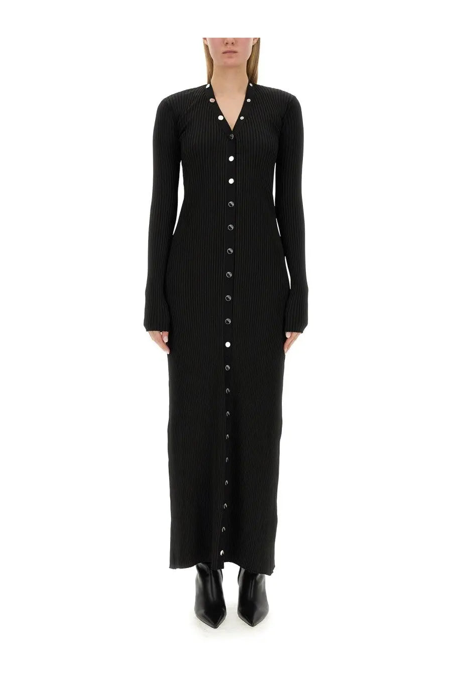 The Attico women’s knit dress black is a ribbed long-sleeved button-down dress with silver-toned buttons