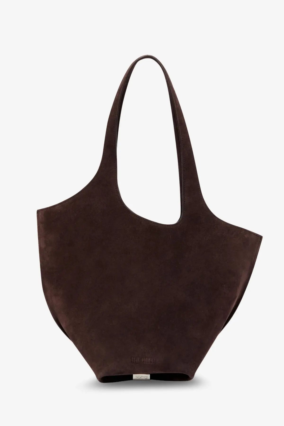 A sleek dark brown suede tote bag with minimalist design and slender handles from the attico womens la scoop collection