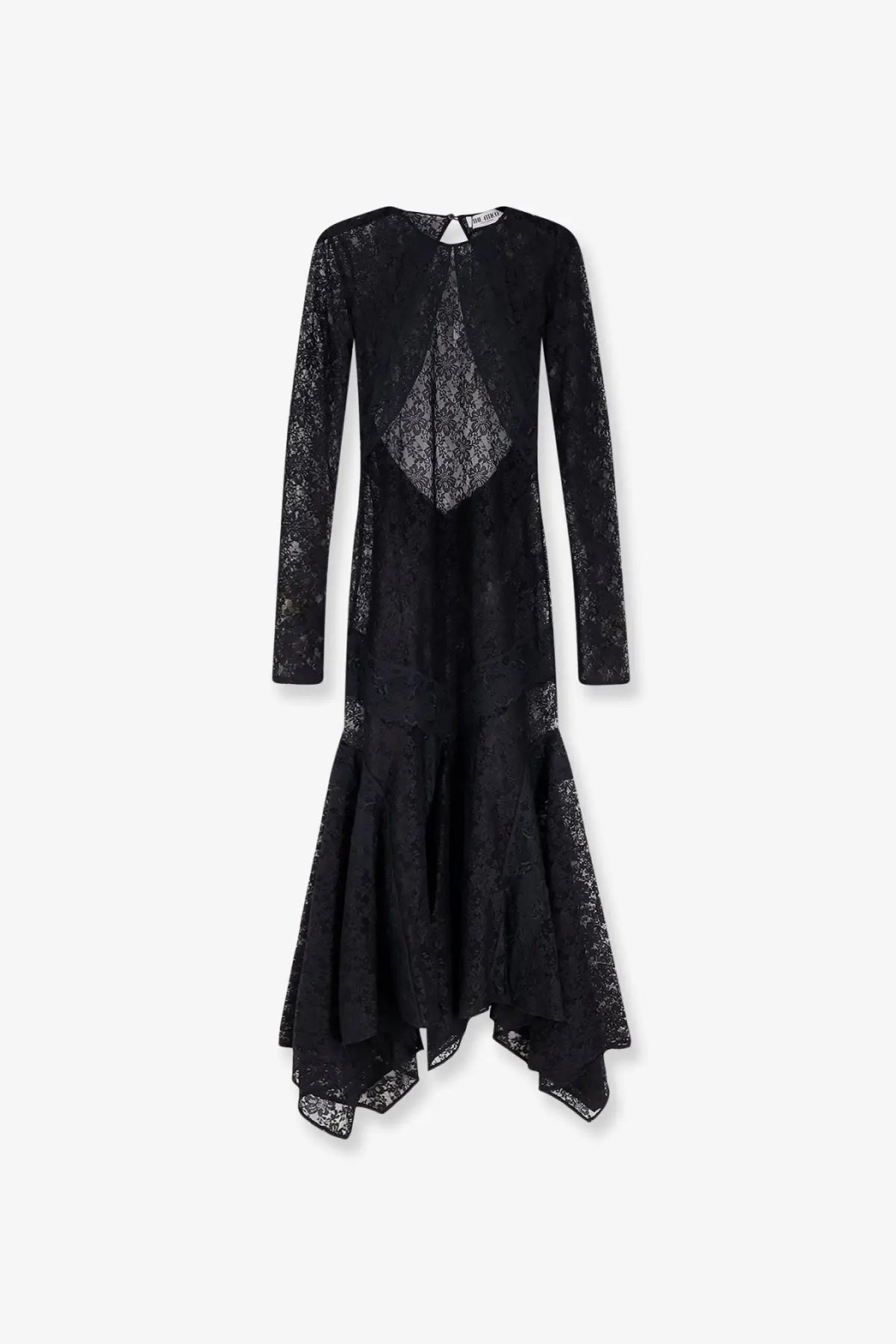 The attico women’s black lace dress features long sleeves and an asymmetrical hemline in delicate lace fabric