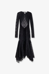 The attico women’s black lace dress features long sleeves and an asymmetrical hemline in delicate lace fabric