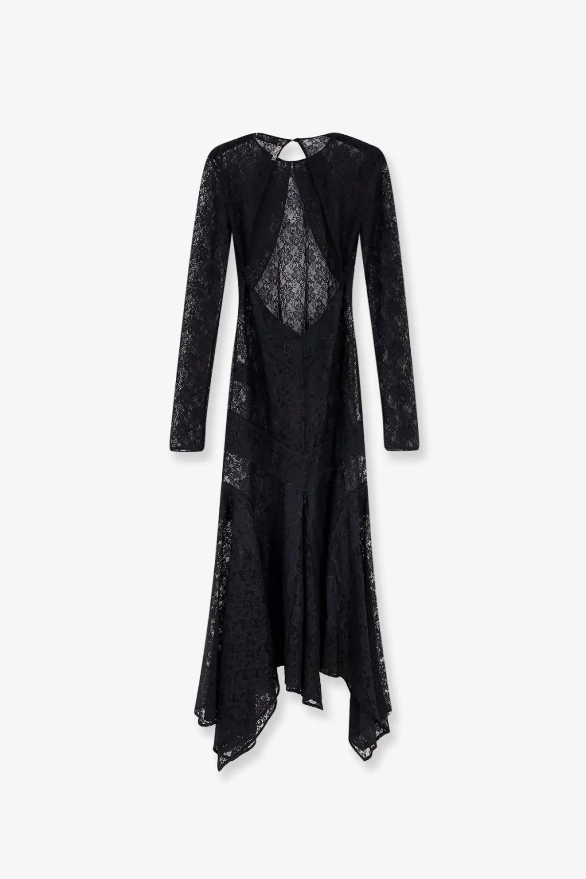 The Attico women’s black lace dress features long sleeves and an asymmetrical hemline for elegant occasions