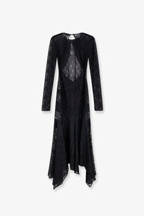 The Attico women’s black lace dress features long sleeves and an asymmetrical hemline for elegant occasions