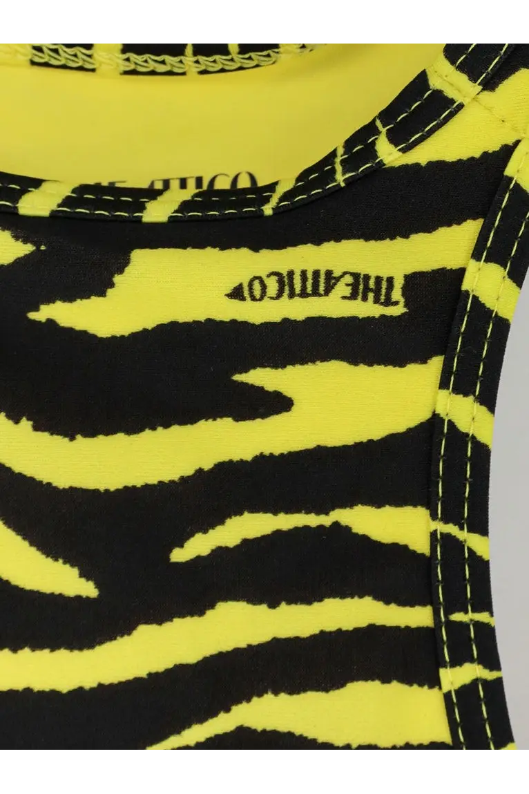 The Attico women’s lycra one piece swimsuit in black features a neon yellow zebra print tank top with Theamico branding