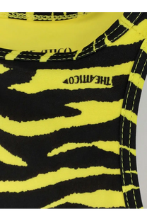 The Attico women’s lycra one piece swimsuit in black features a neon yellow zebra print tank top with Theamico branding