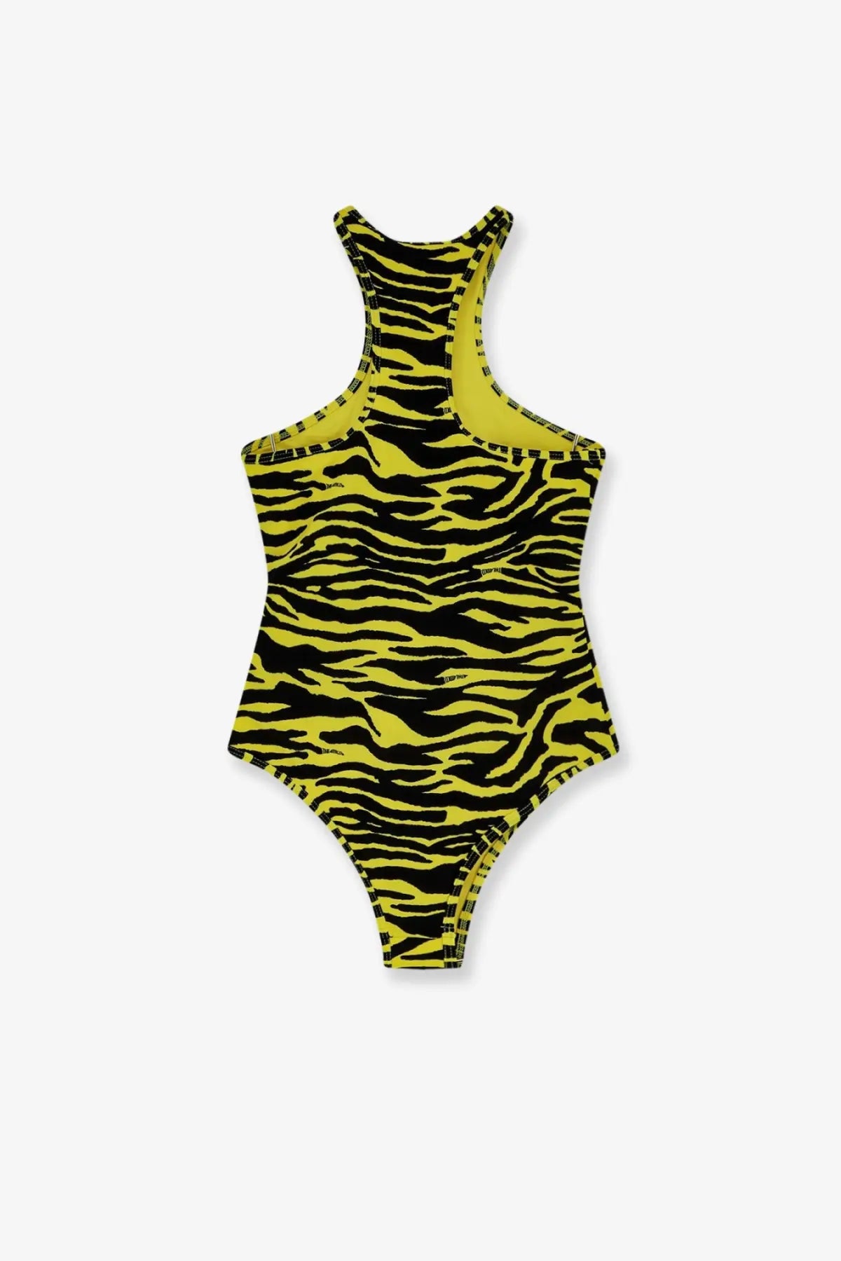 The Attico women’s lycra one piece swimsuit in vibrant yellow and black tiger stripes with racerback design