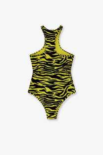 The Attico women’s lycra one piece swimsuit in vibrant yellow and black tiger stripes with racerback design