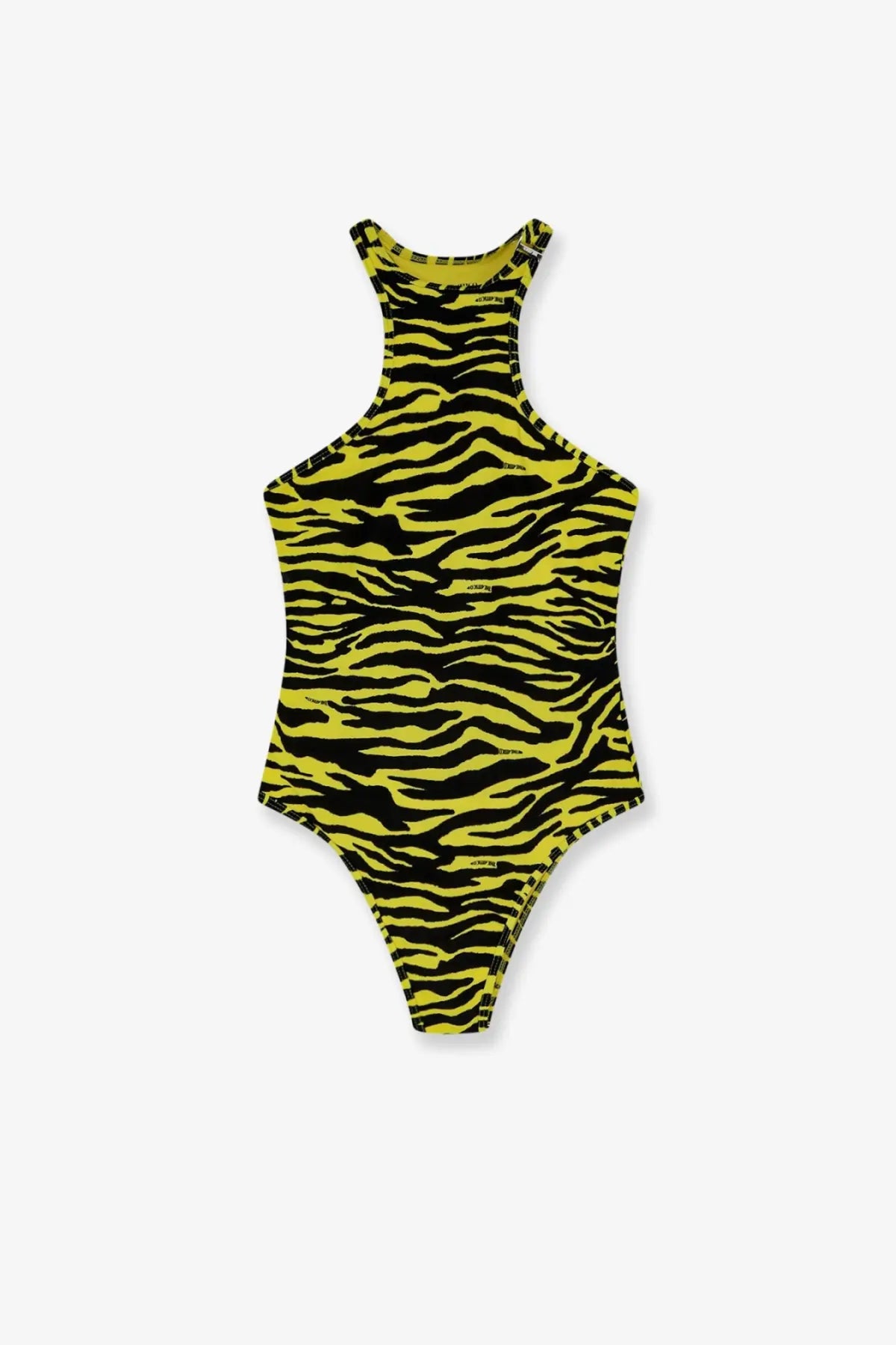 The attico women’s lycra one piece swimsuit in vibrant yellow and black zebra stripes with a racerback design