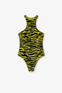 The attico women’s lycra one piece swimsuit in vibrant yellow and black zebra stripes with a racerback design