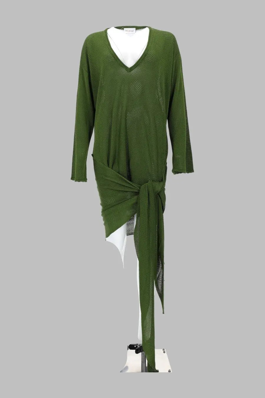 The attico women’s mini abito drappeggiato in viscosa green with olive green knitted v-neck sweater and tie-front detail