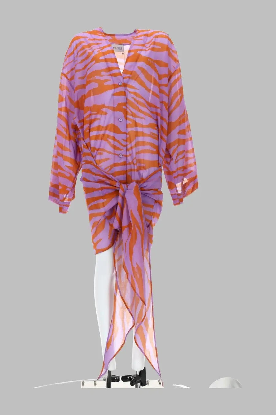 The attico women’s mini abito wrap in vibrant orange and lavender zebra print sheer fabric shirt dress