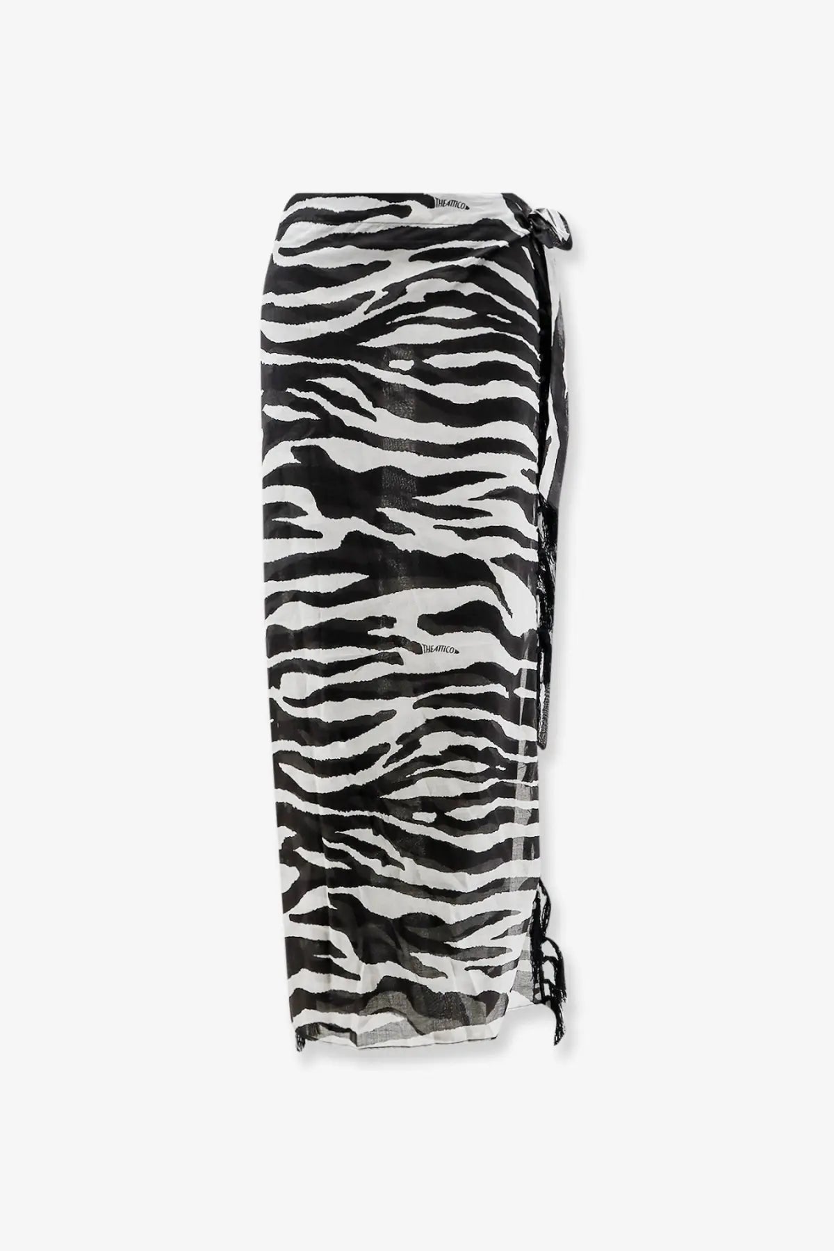 The attico women’s pareo cotton skirt in black features a sheer lightweight zebra-print sarong with side ties