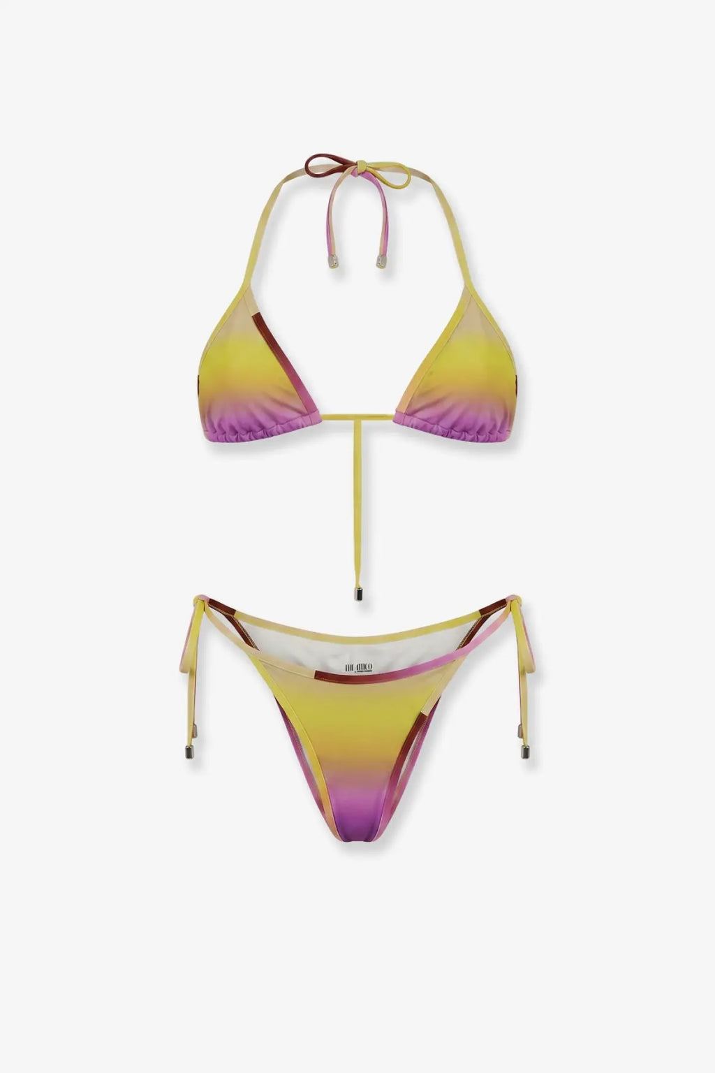 The attico women’s primo bagno lycra bikini set with yellow to purple ombre gradient and adjustable thin straps
