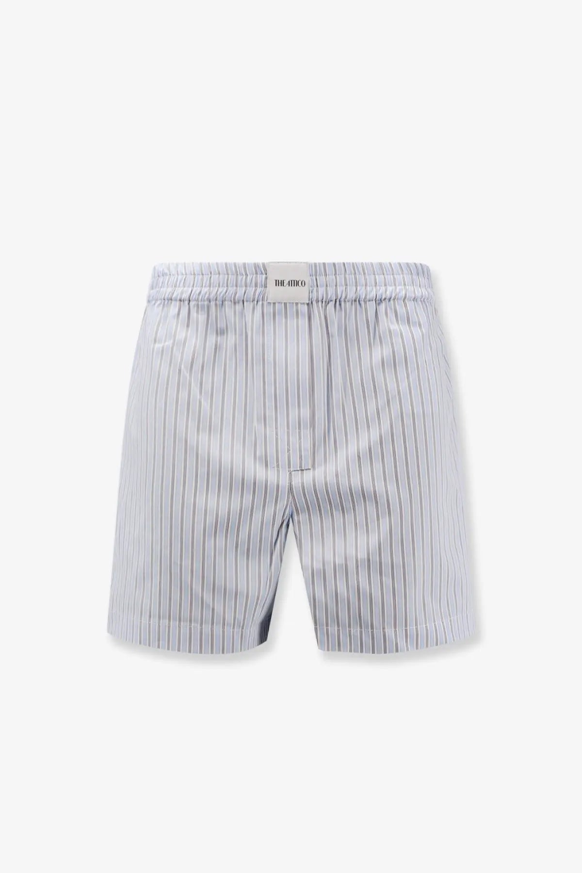 The Attico women’s striped cotton shorts in white feature light gray and white vertical stripes with a branded waistband label