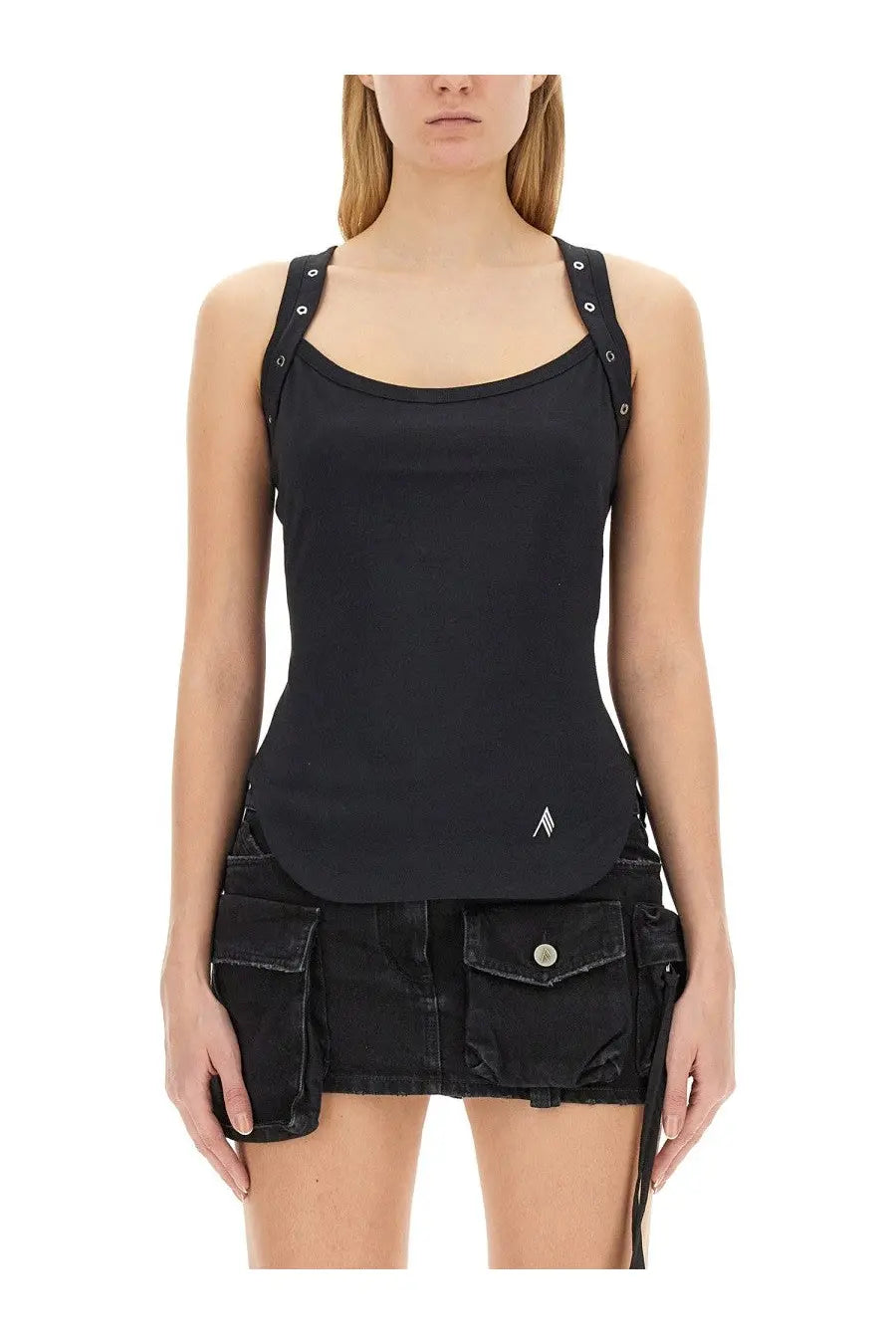 The Attico women’s black sleeveless tank top with adjustable straps silver eyelets and white logo on lower front