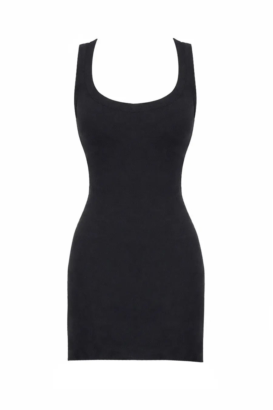 The attico women’s viscose blend mini dress in black features a sleeveless bodycon fit with a square neckline