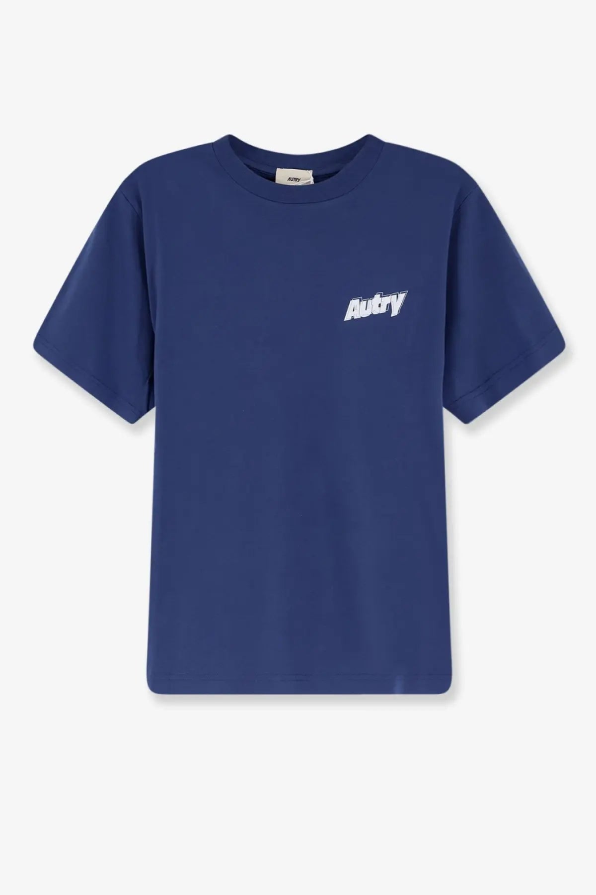 Navy blue autry men’s cotton jersey drone shirt with short sleeves and white logo on the left chest