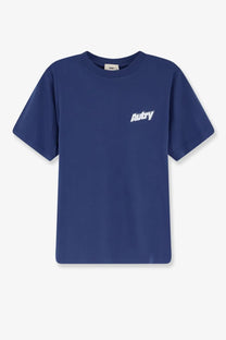 Navy blue autry men’s cotton jersey drone shirt with short sleeves and white logo on the left chest
