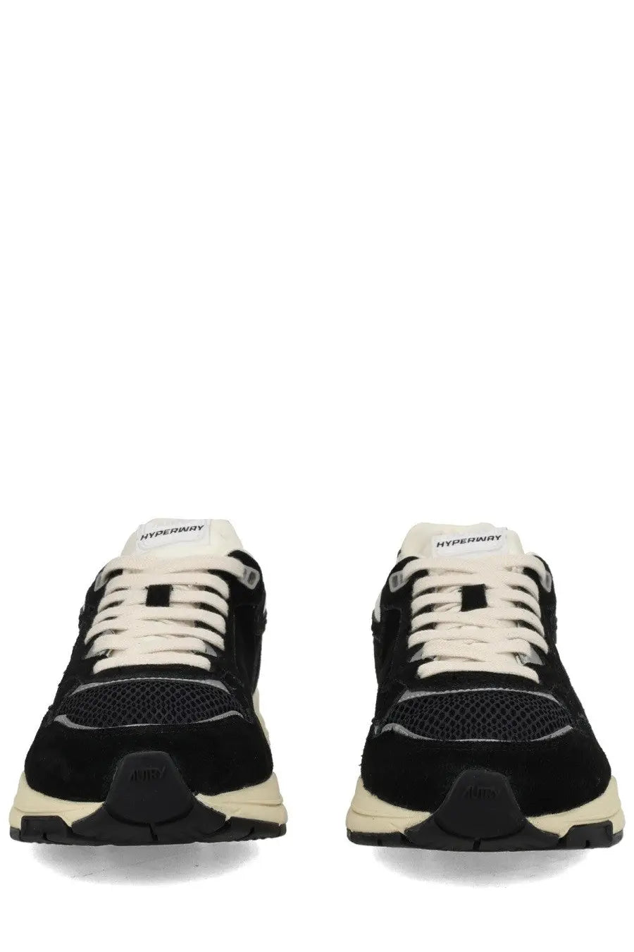 Autry men’s hyperway sneaker black with cream laces and soles featuring suede upper and mesh panels