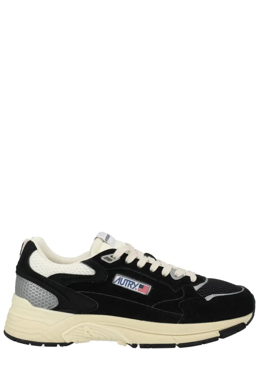 Autry men’s Hyperway sneaker black in black suede and mesh with white laces and cream rubber sole shown from back side