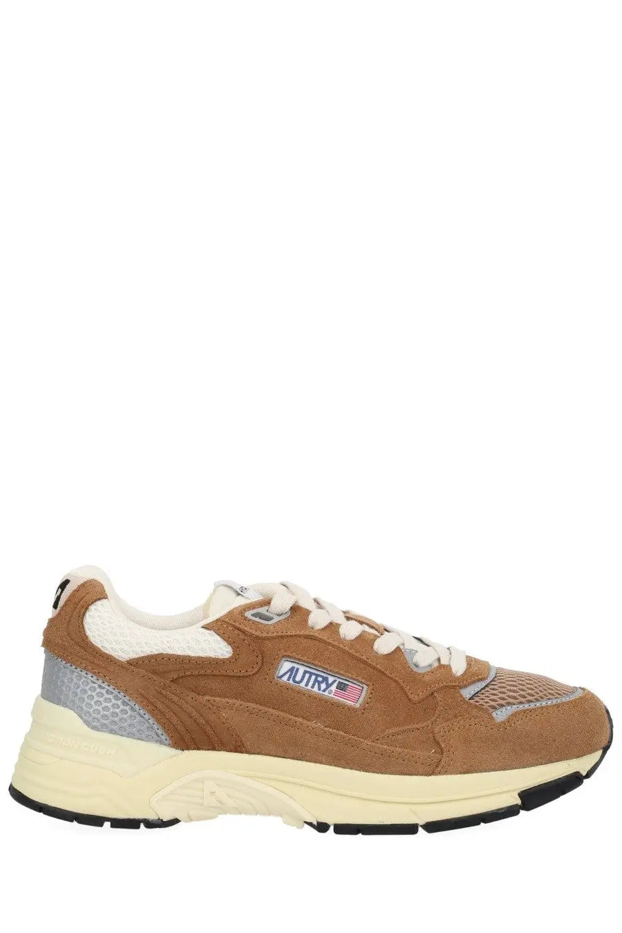 Autry men’s Hyperway sneaker in brown suede and mesh with white laces and silver accents featuring a logo patch