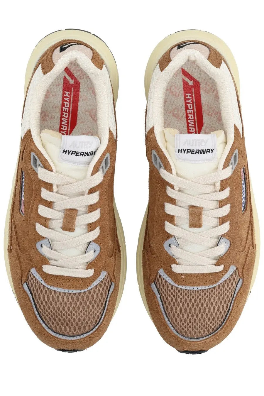 Autry men’s Hyperway sneaker in tan and cream suede and mesh with white laces and chunky sole