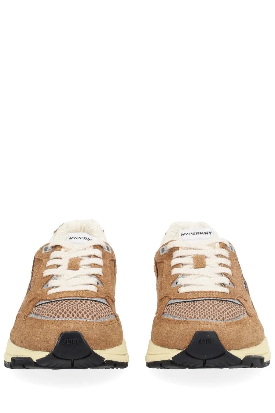 Autry men’s Hyperway sneaker brown featuring tan suede and mesh, white laces, black toe caps, and cream midsole