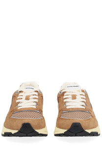 Autry men’s Hyperway sneaker brown featuring tan suede and mesh, white laces, black toe caps, and cream midsole