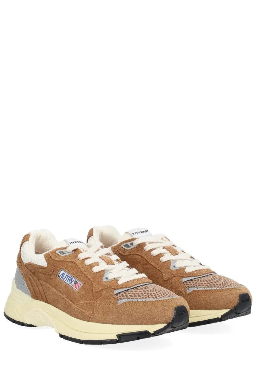 Autry men’s hyperway sneaker brown in tan suede and mesh with white laces gray accents and cream midsole