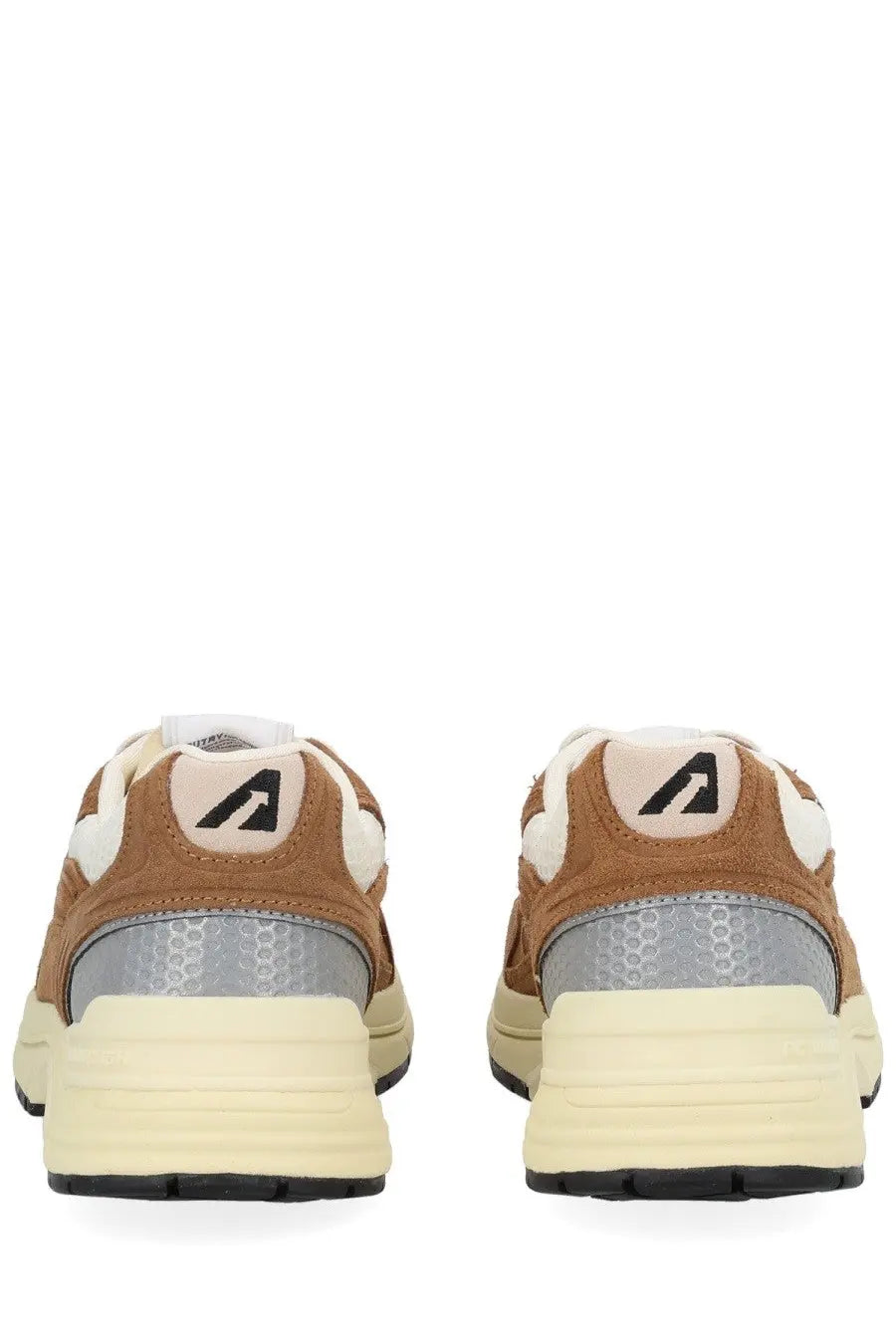 Autry men’s hyperway sneaker brown featuring brown and white suede with silver textured heel tab and cream midsole