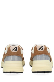 Autry men’s hyperway sneaker brown featuring brown and white suede with silver textured heel tab and cream midsole