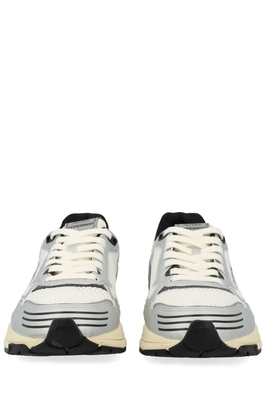 Autry men’s hyperway sneaker white silver and white athletic shoes with black accents mesh upper and rubber sole