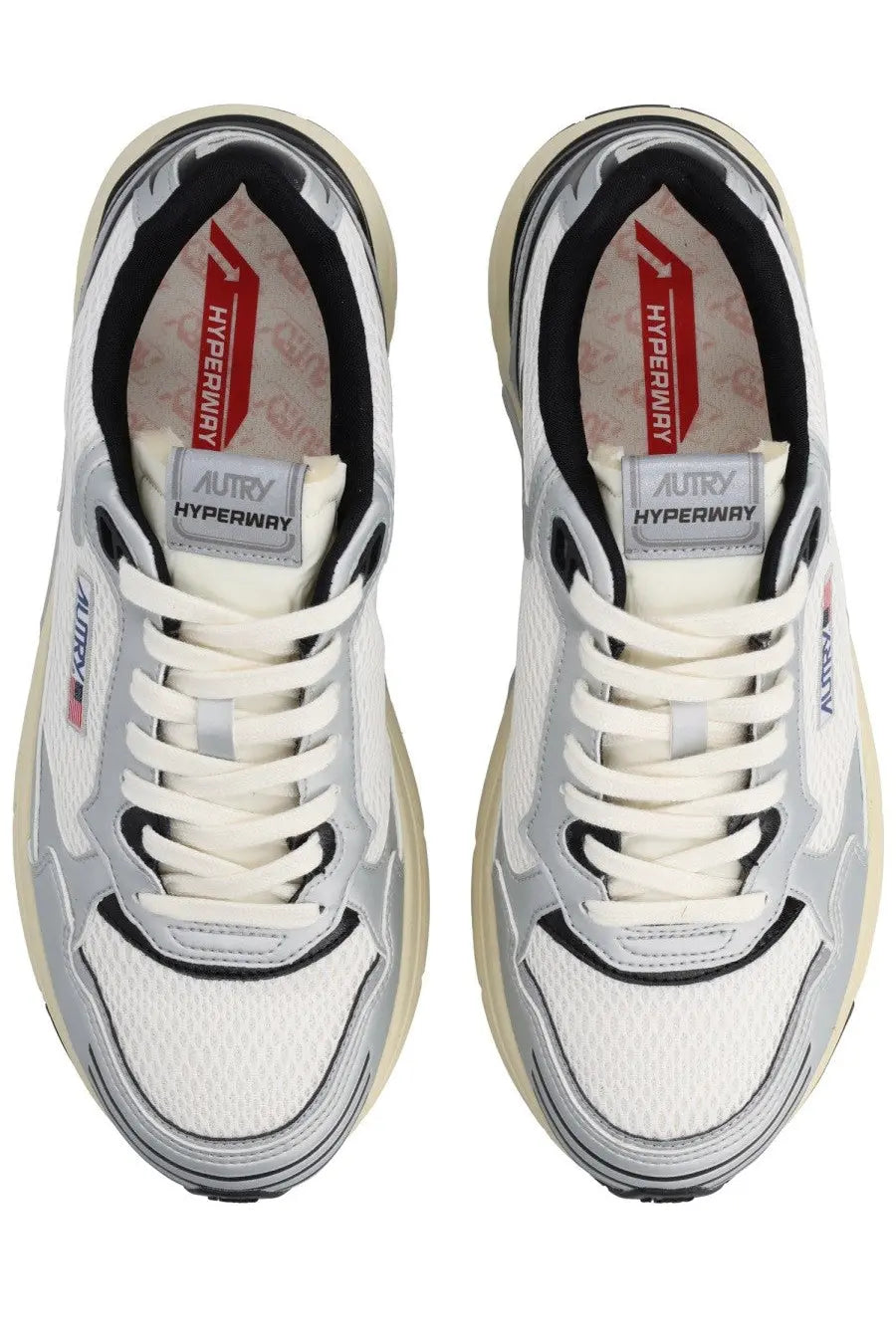 Autry men’s hyperway sneaker white with white and silver mesh upper, black accents, and durable rubber sole
