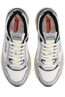 Autry men’s hyperway sneaker white with white and silver mesh upper, black accents, and durable rubber sole