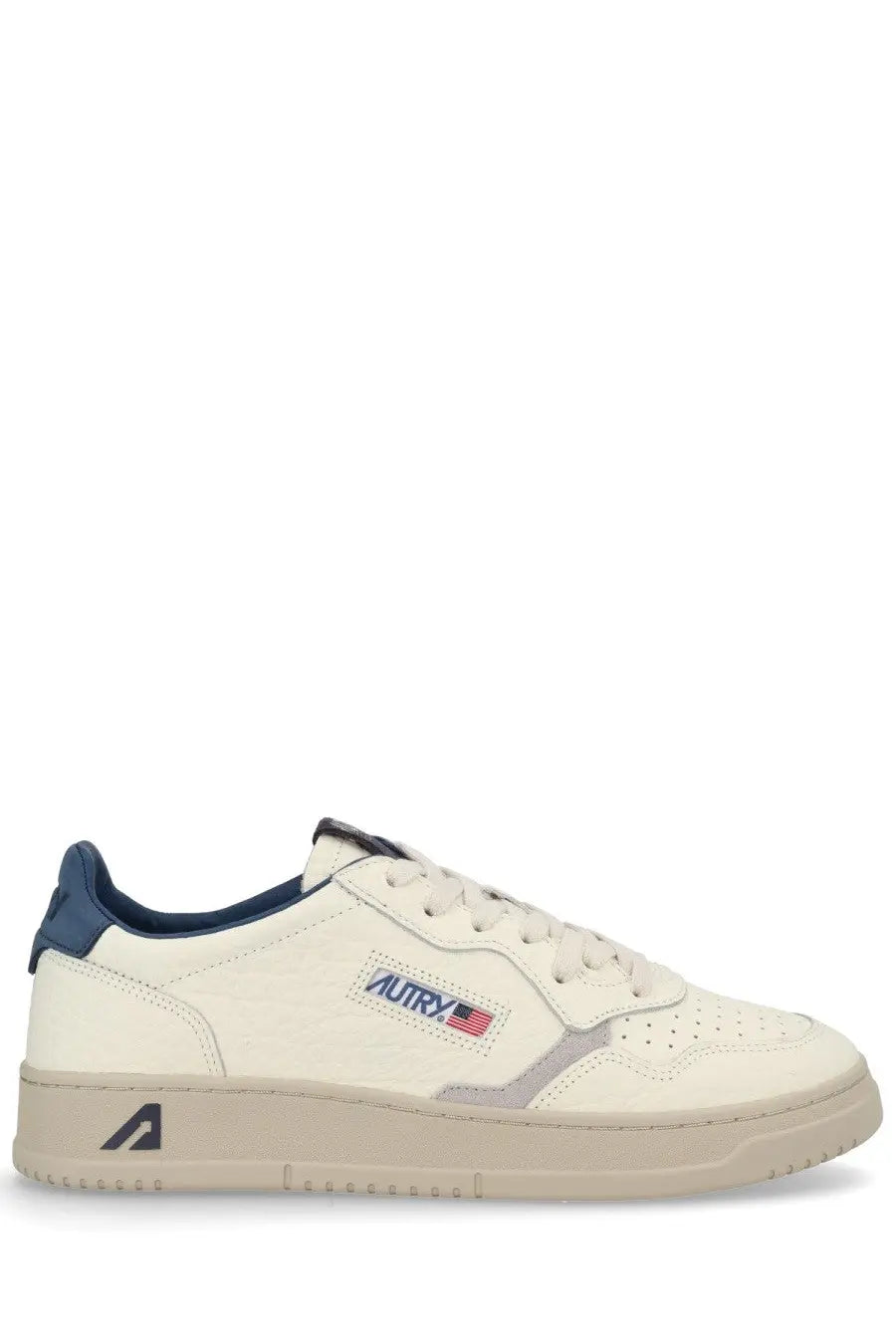 Autry men’s medalist low sneaker beige cream leather with navy accents gray stripe and embroidered autry logo on side