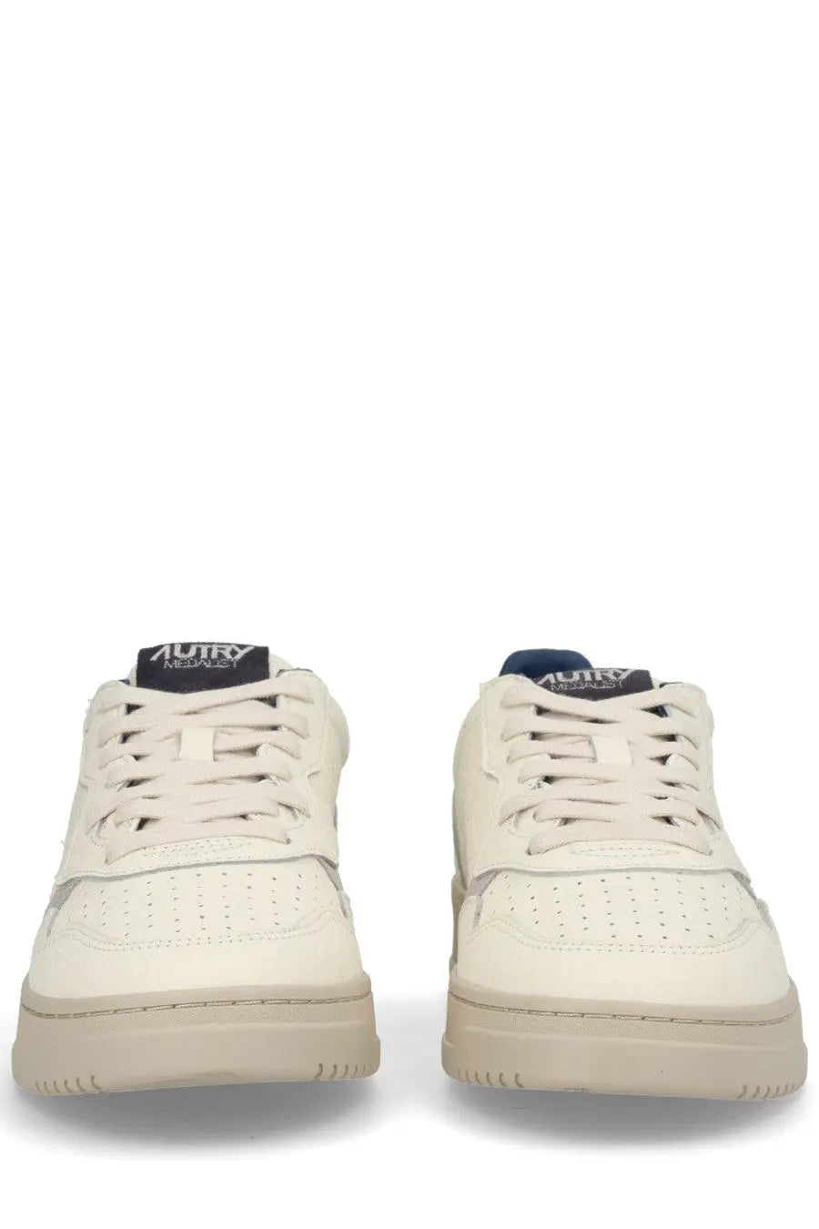 Autry men’s medalist low sneaker beige cream leather with perforated detailing and navy blue tongue label